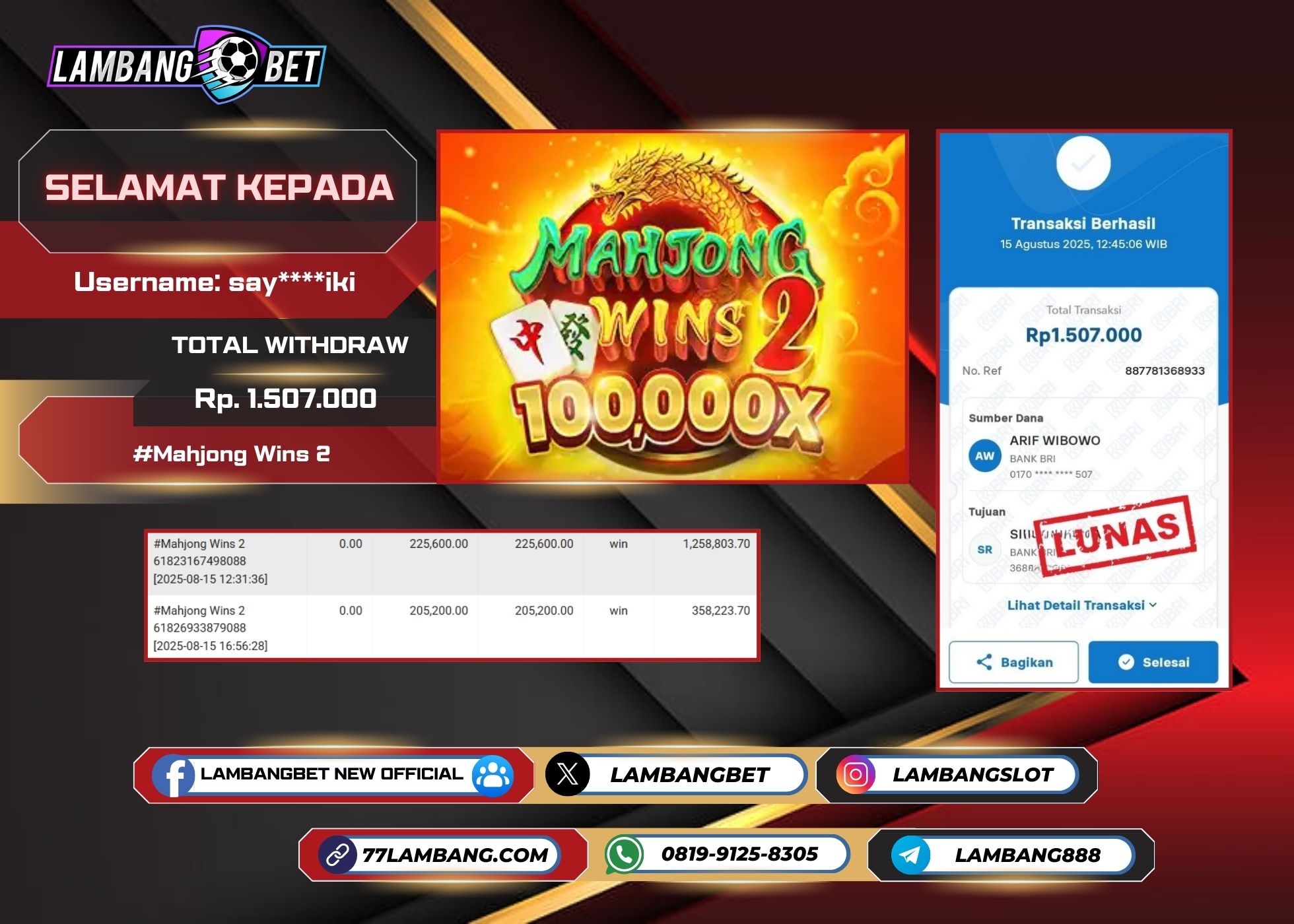 LAMBANGBET [15 AUGUST 2025] JACKPOT SLOT Mahjong Wins 2 "Rp1.507.000" LUNAS